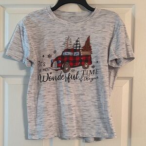 Christmas Graphic Gray T-Shirt with Red Truck Design